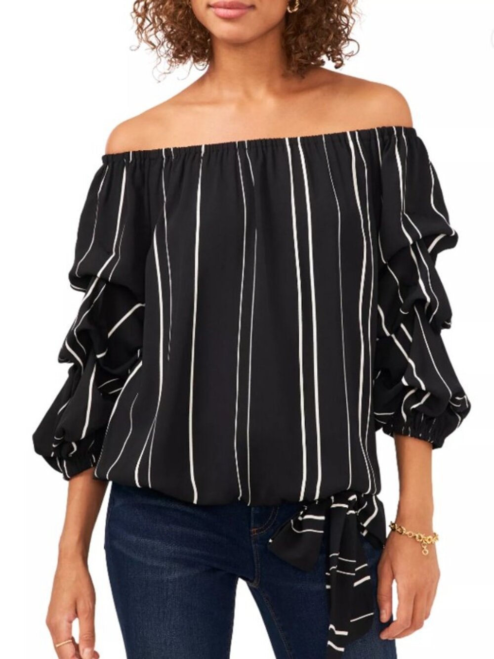 VINCE CAMUTO Striped Off-the-Shoulder Bubble 3/4 Sleeve Tie Front Size M NWT